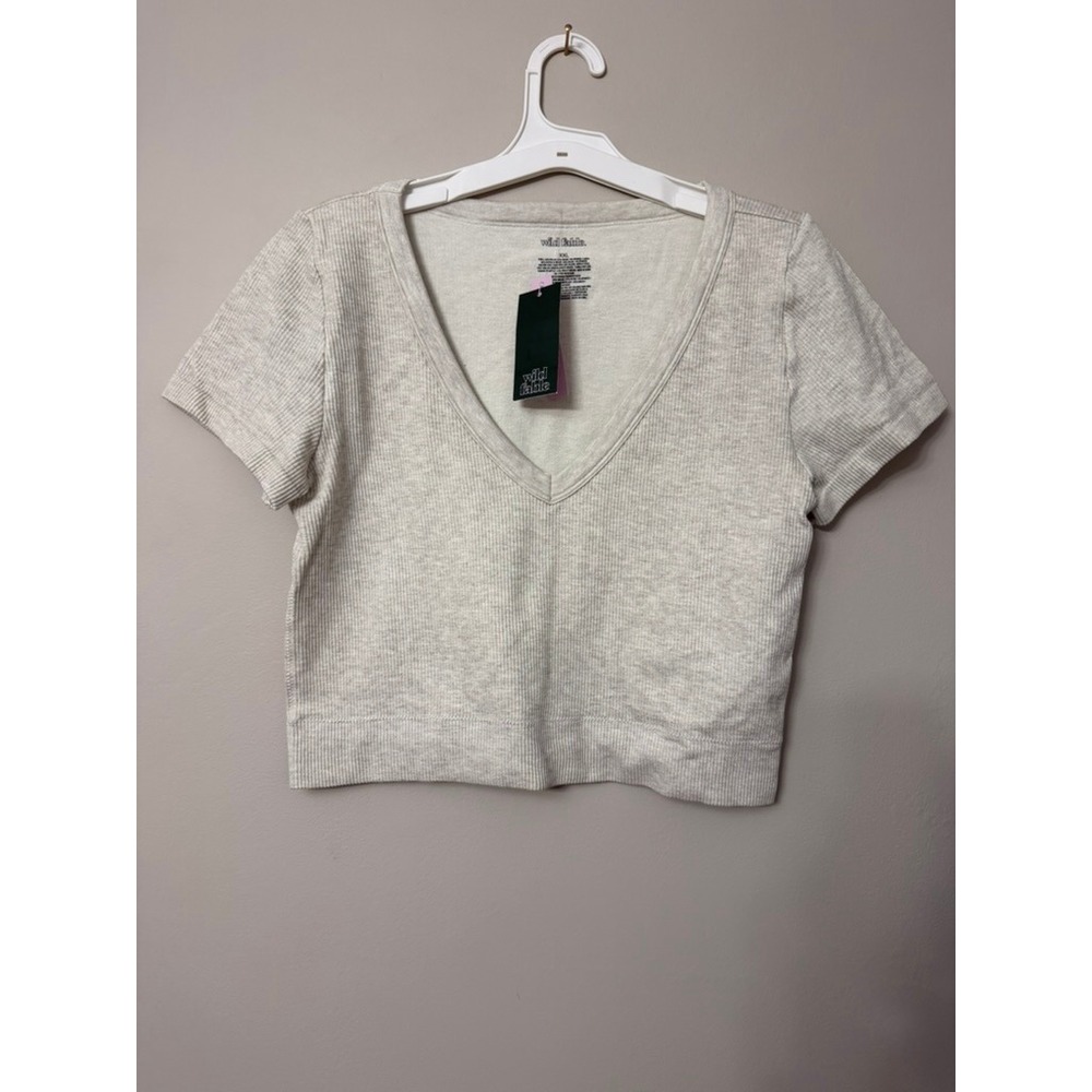 Wild Fable Ribbed V-Neck Crop Top Womens XXL Gray Short Sleeve NWT